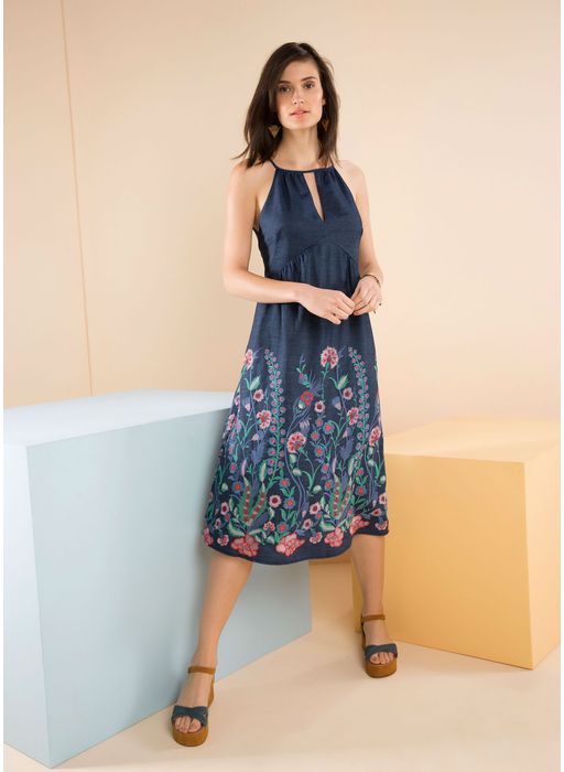 VESTIDO JEANS BORDADO JARDIM BLUE JEANS - Cantao