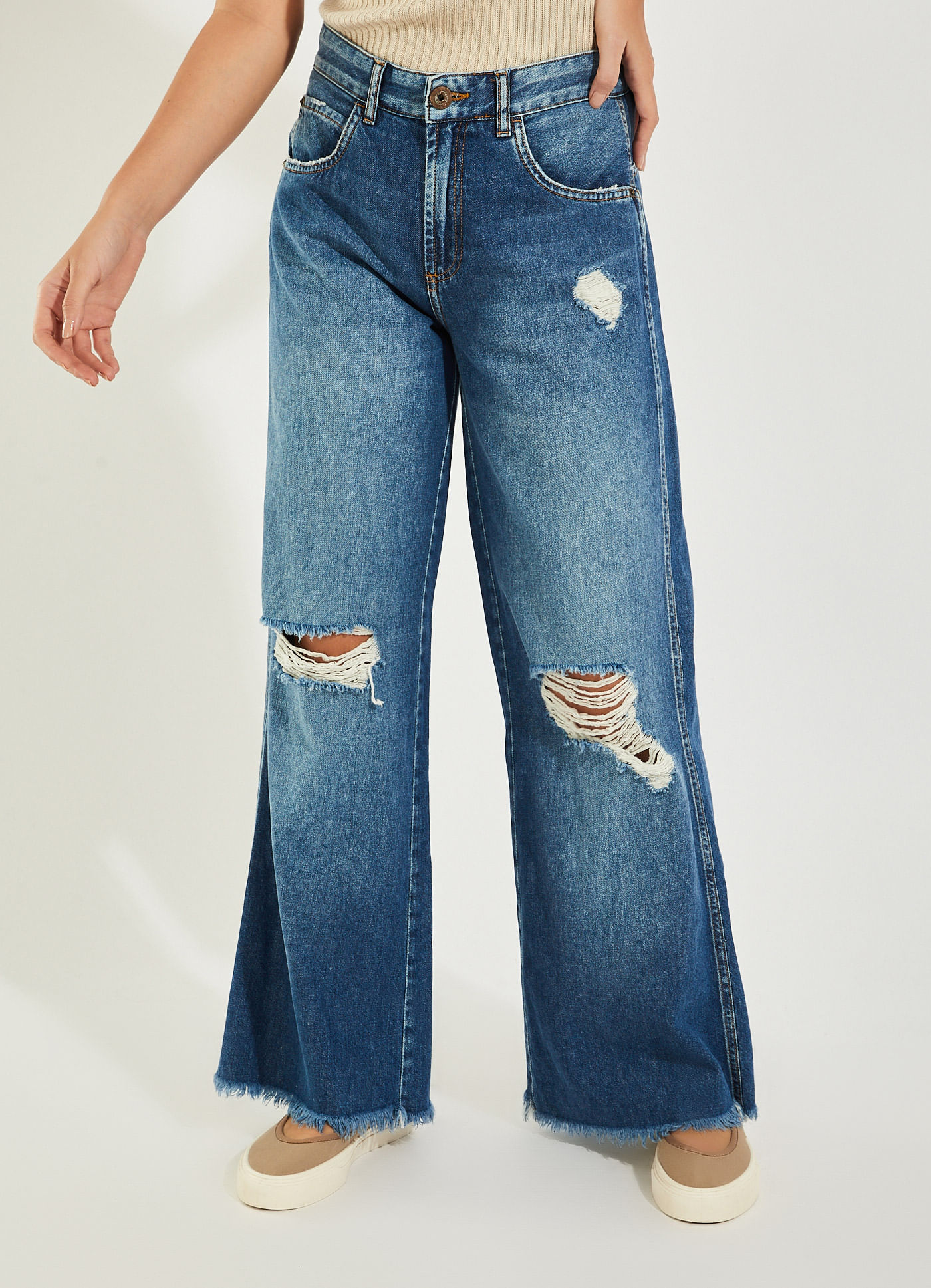 Calça jeans wide leg maxi rasgo JEANS - Cantao