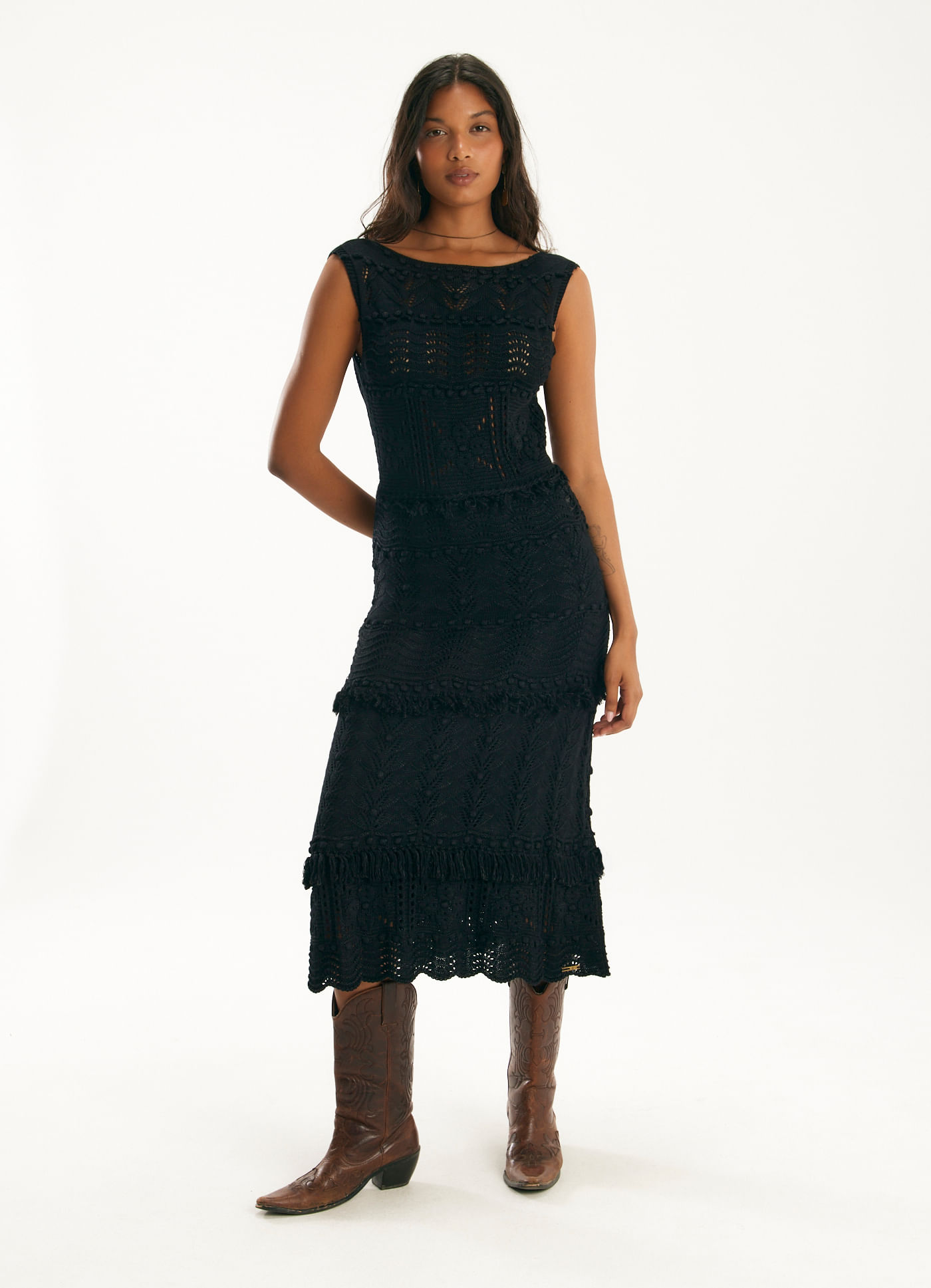Vestido maxi pontos tricô preto