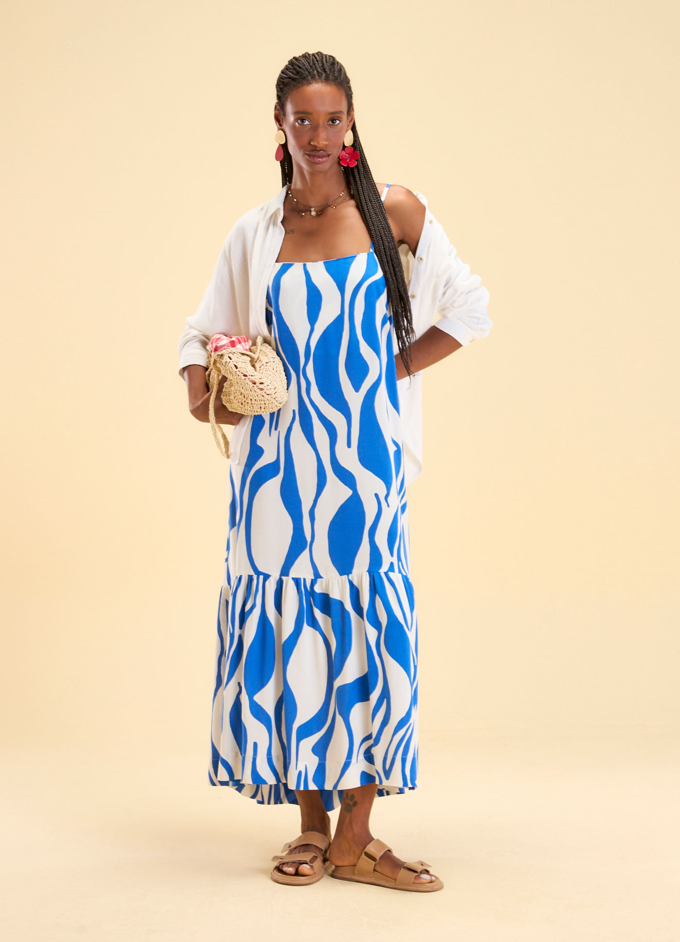 Vestido longo alcinha estampado maré azul