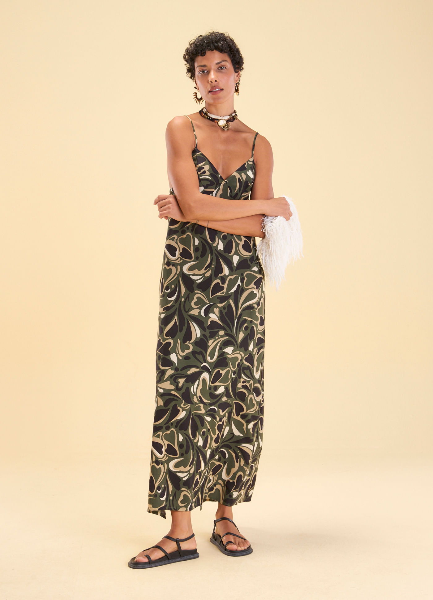 Vestido alcinha fenda estampado marble