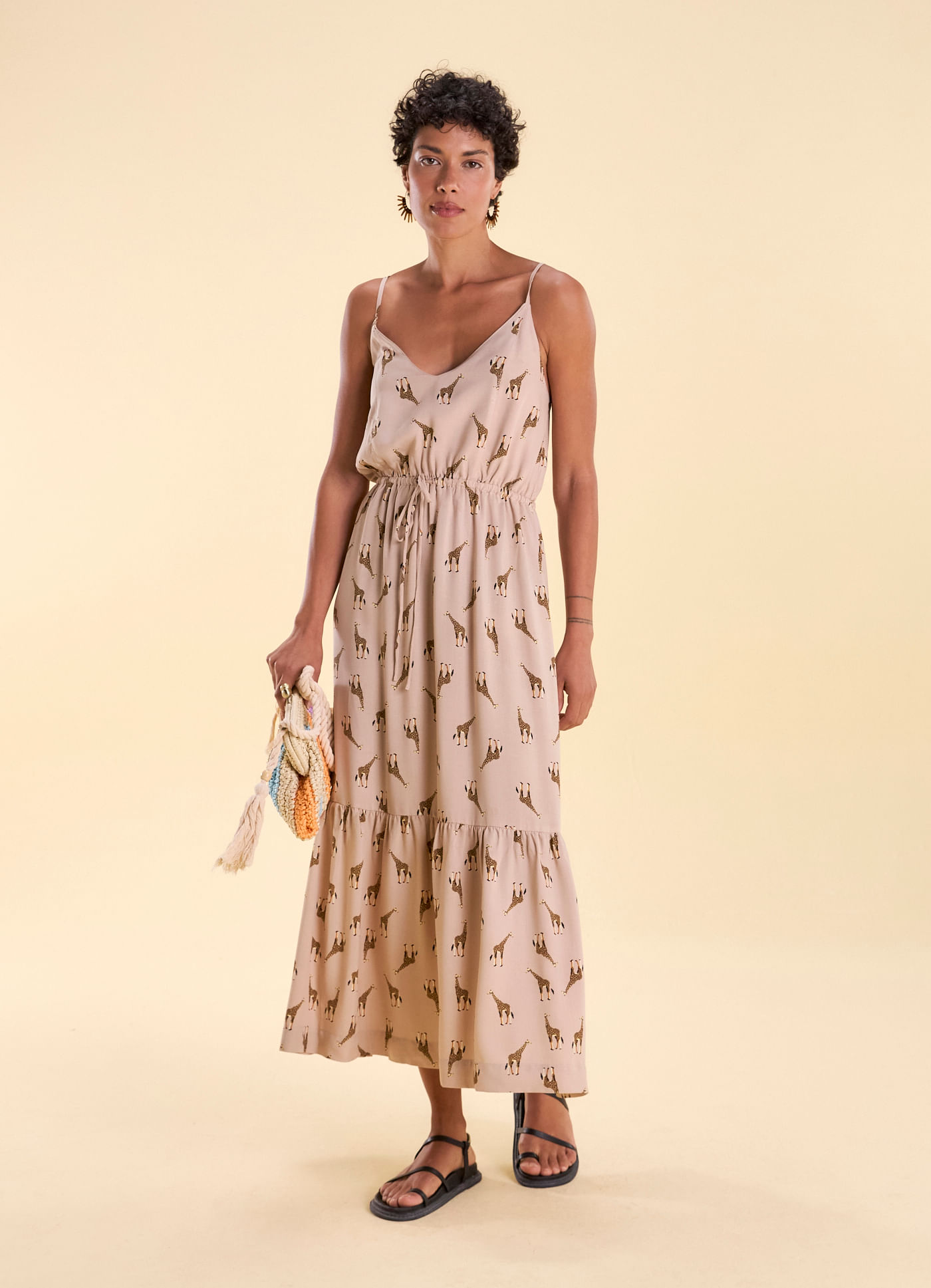 Vestido decote v amarração estampado tambac