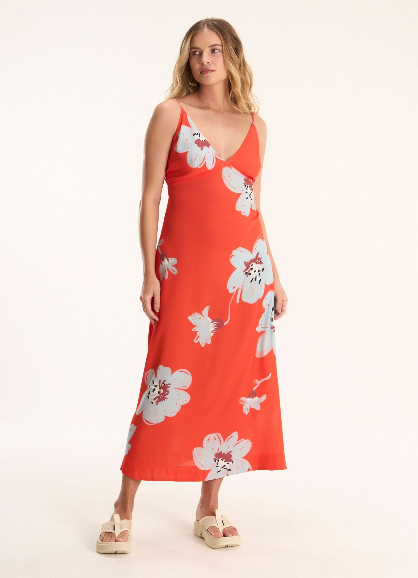 Vestido alcinha estampado papoula