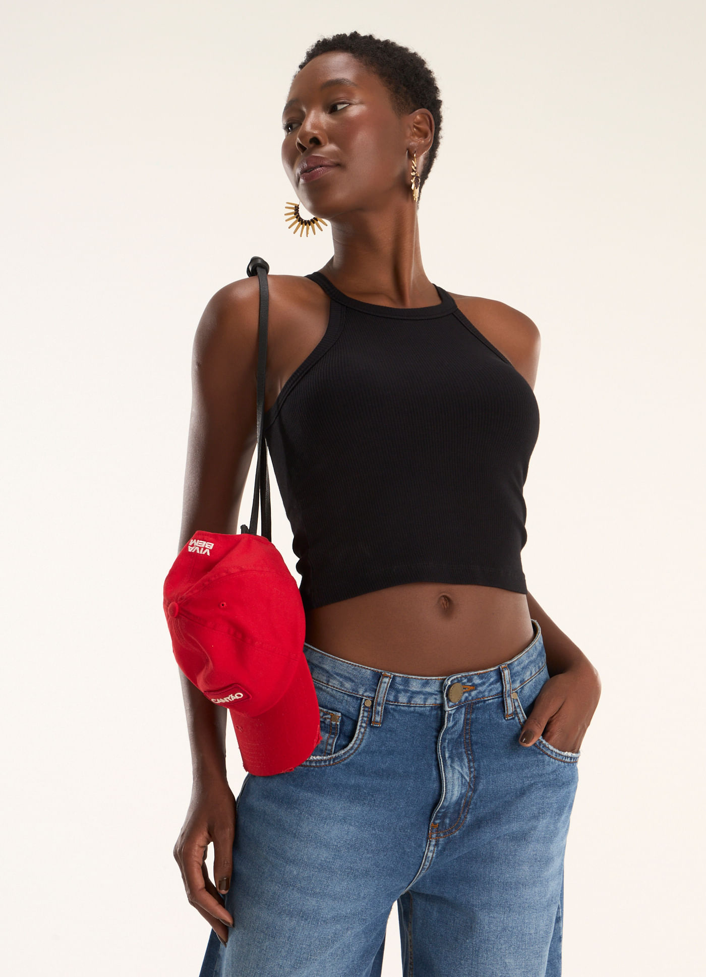 Regata rib viscose com bojo preto