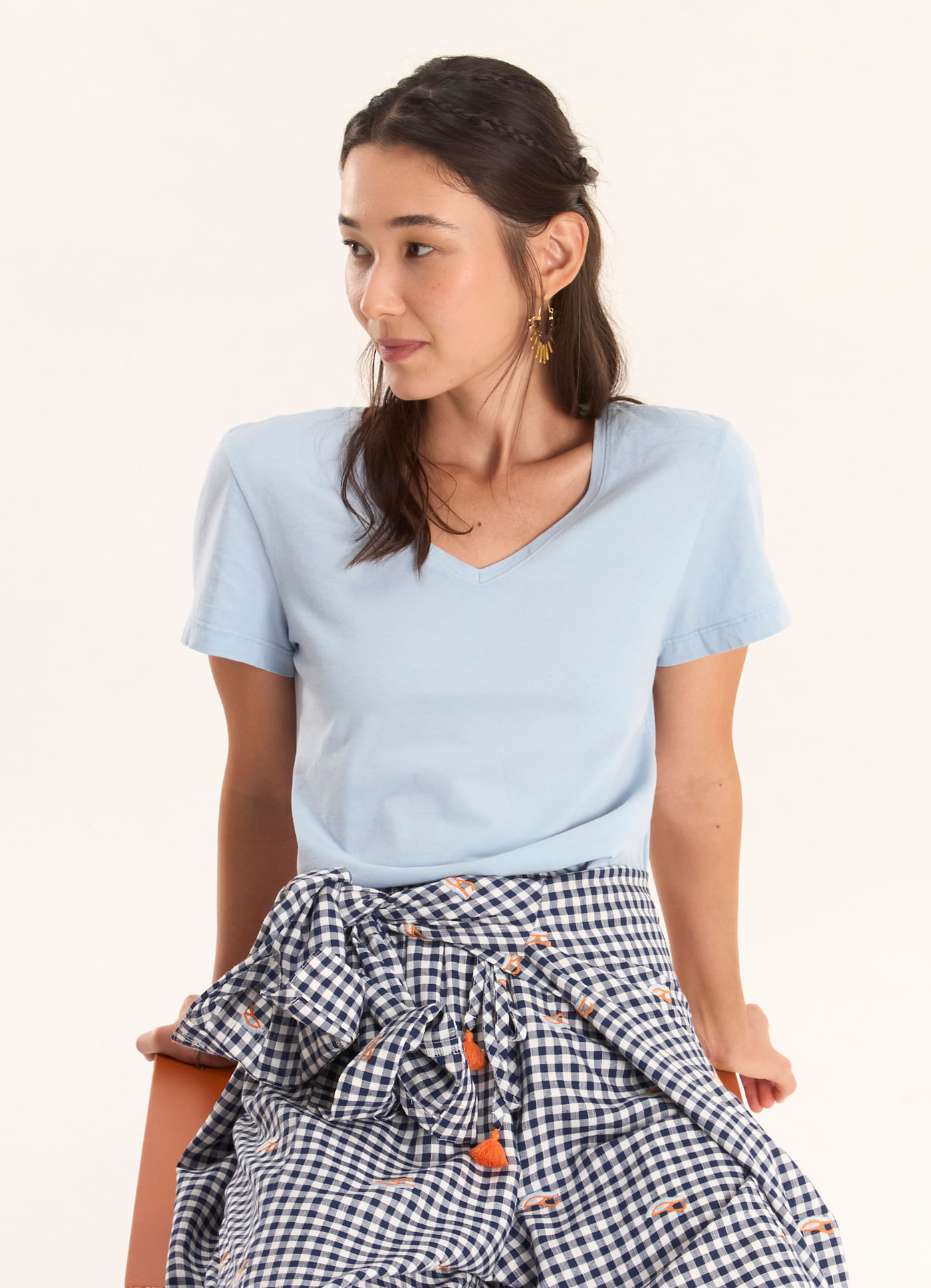 Blusa algodão gola v azul
