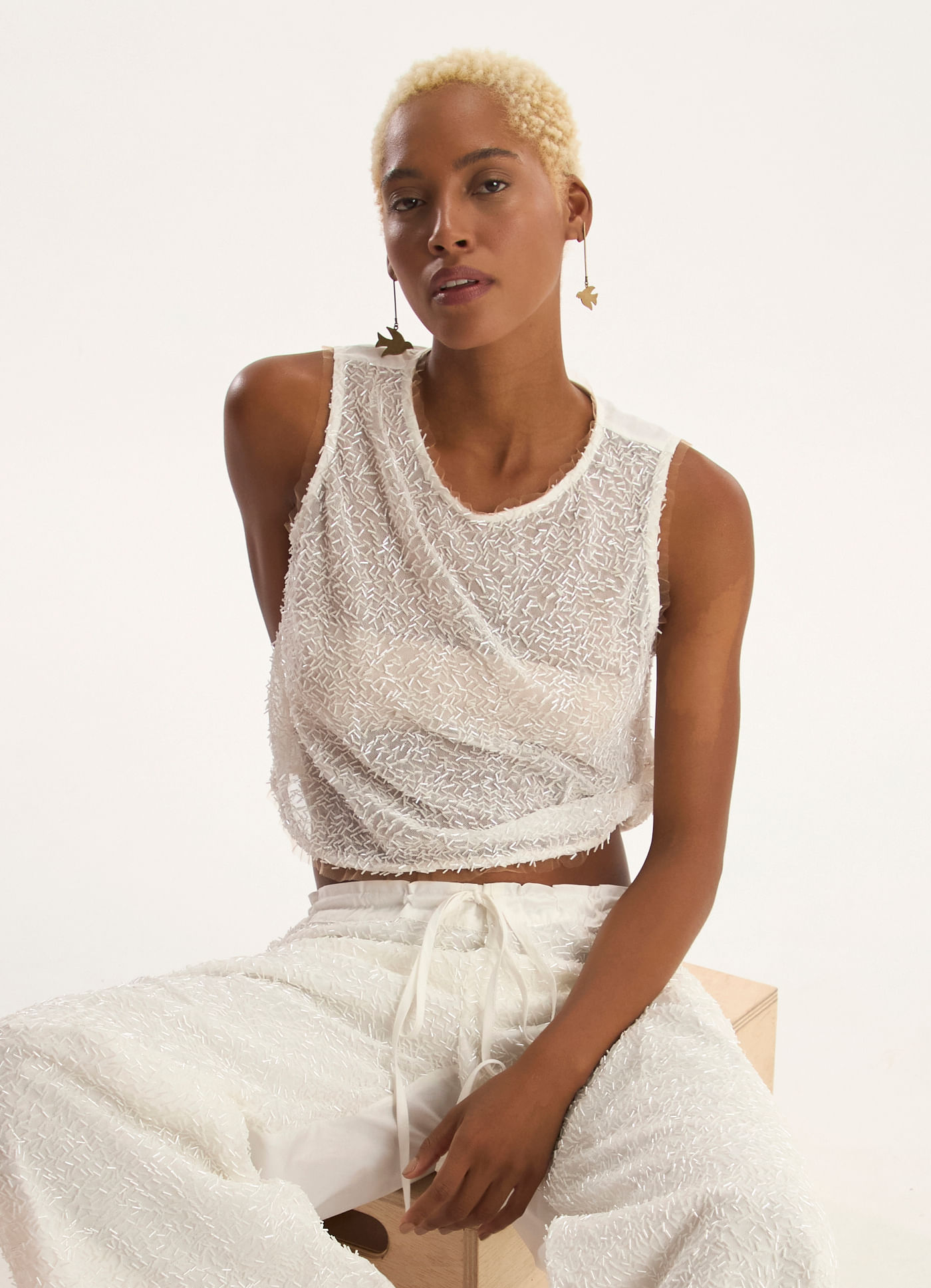 Blusa algodão com paetê lab branco