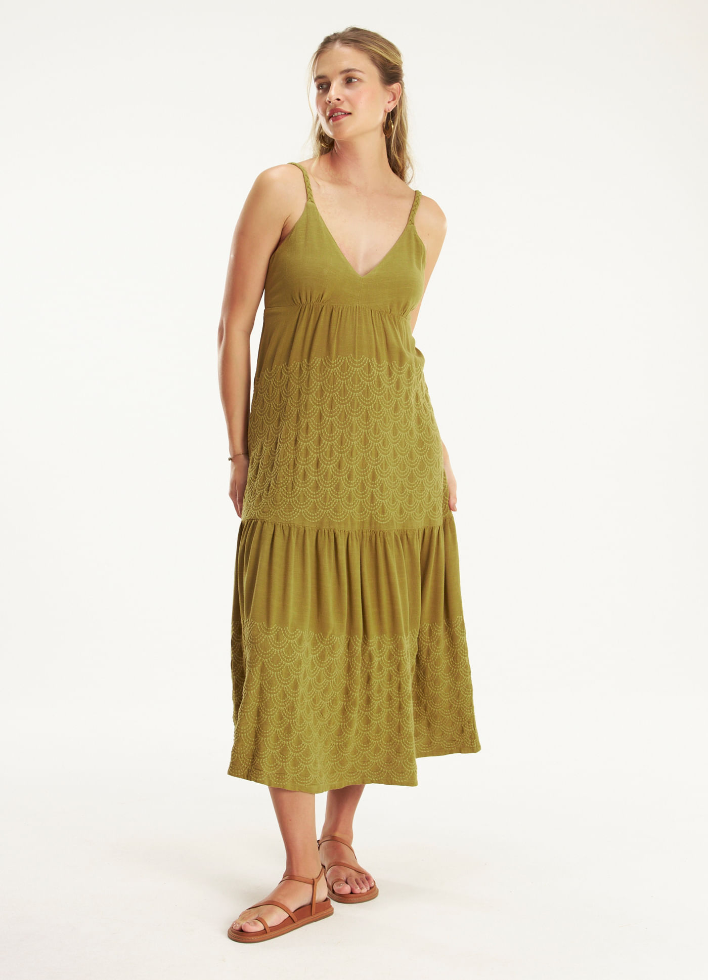 Vestido alça linho bordado dunas caqui