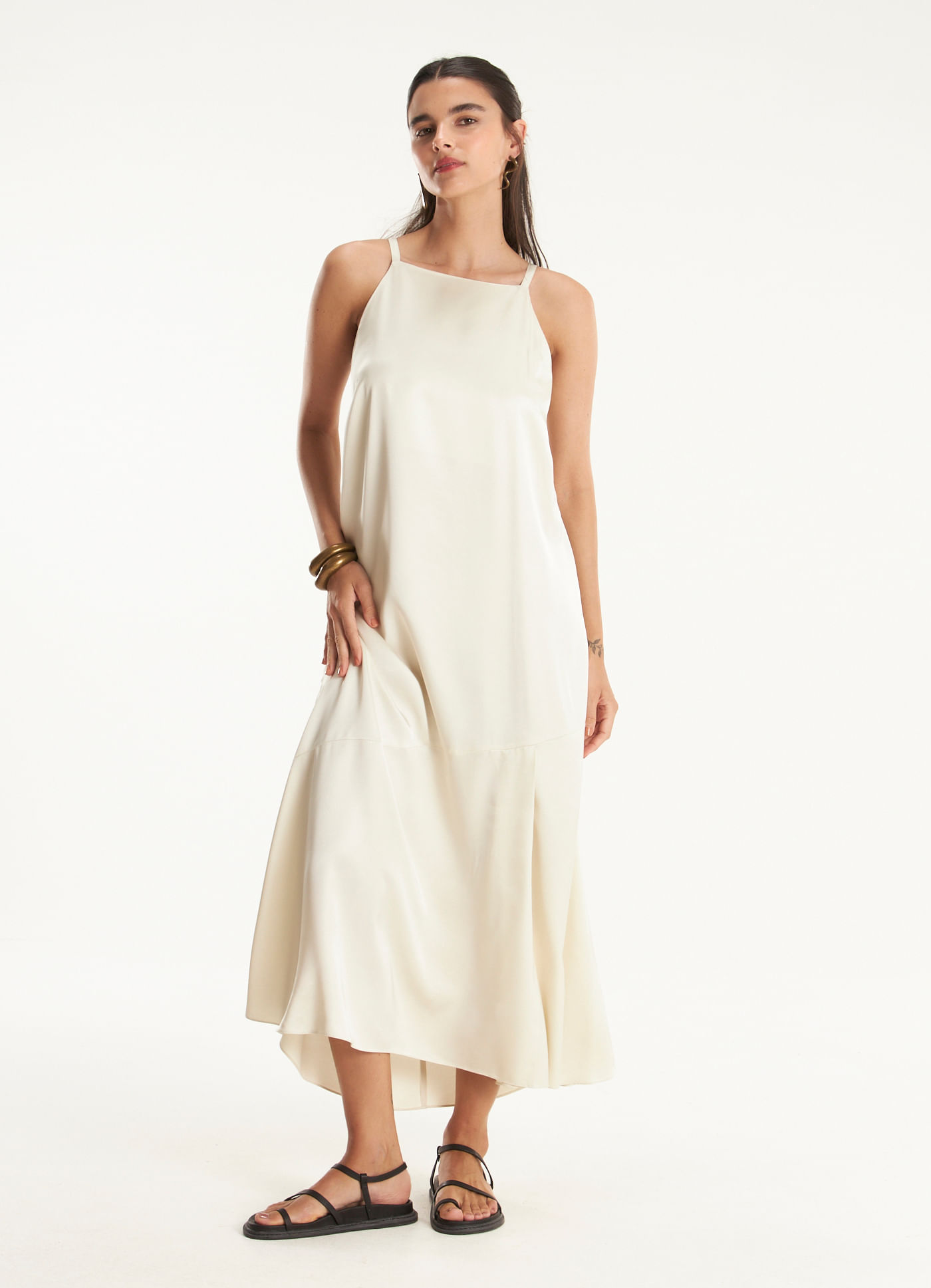 Vestido alça acetinado goddess areia