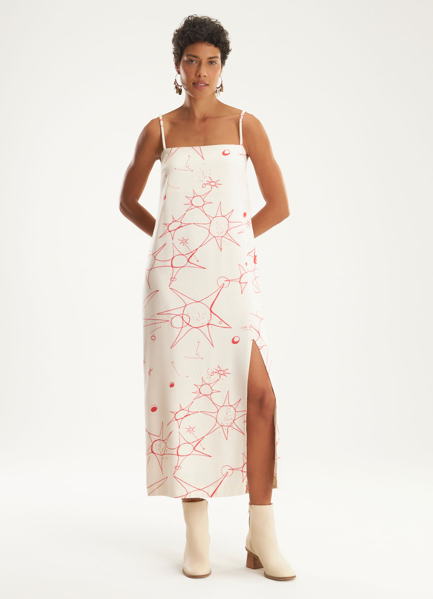Vestido linho alça estampado utopia lab