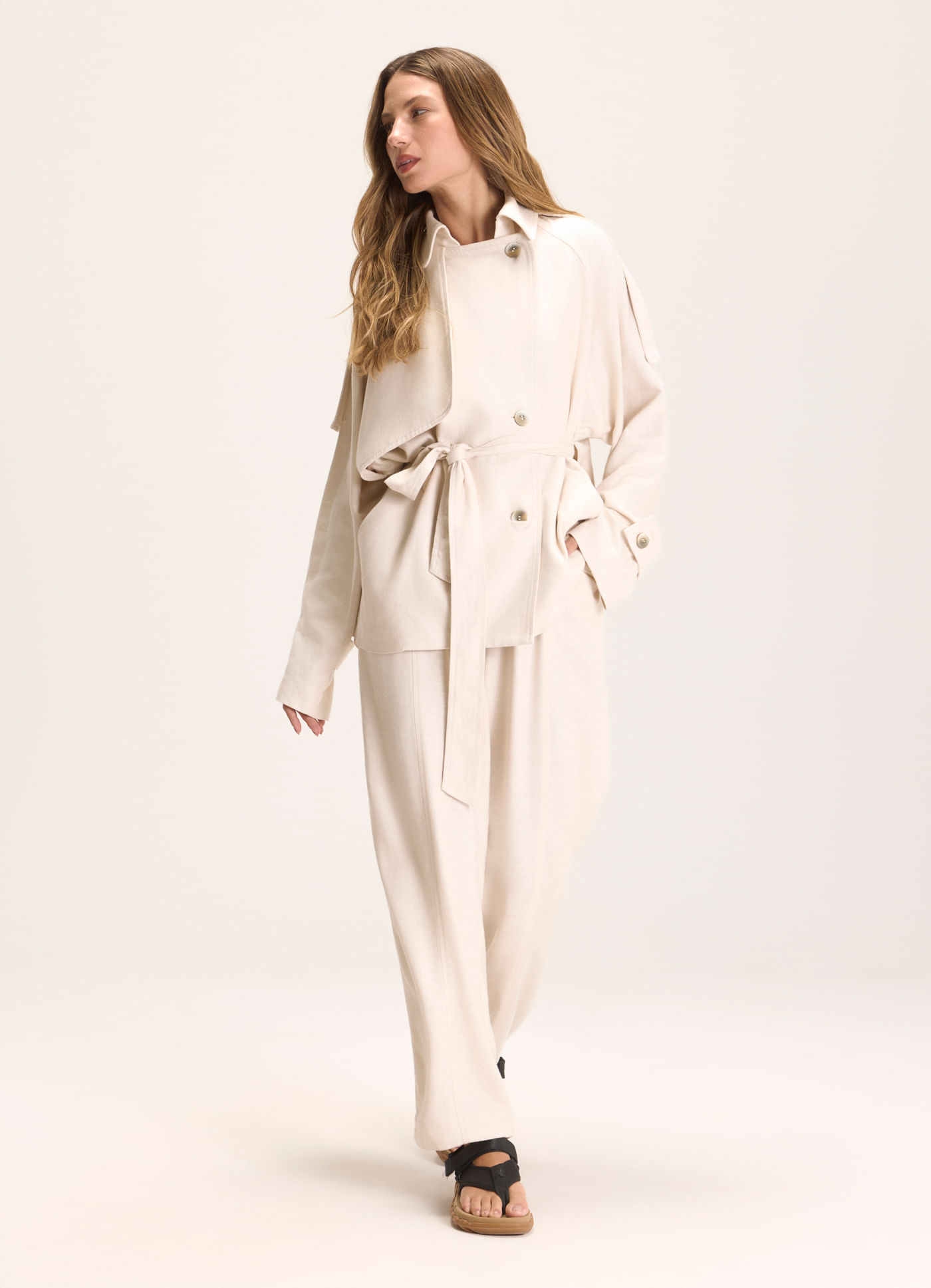 Calca barrel linho textura off white