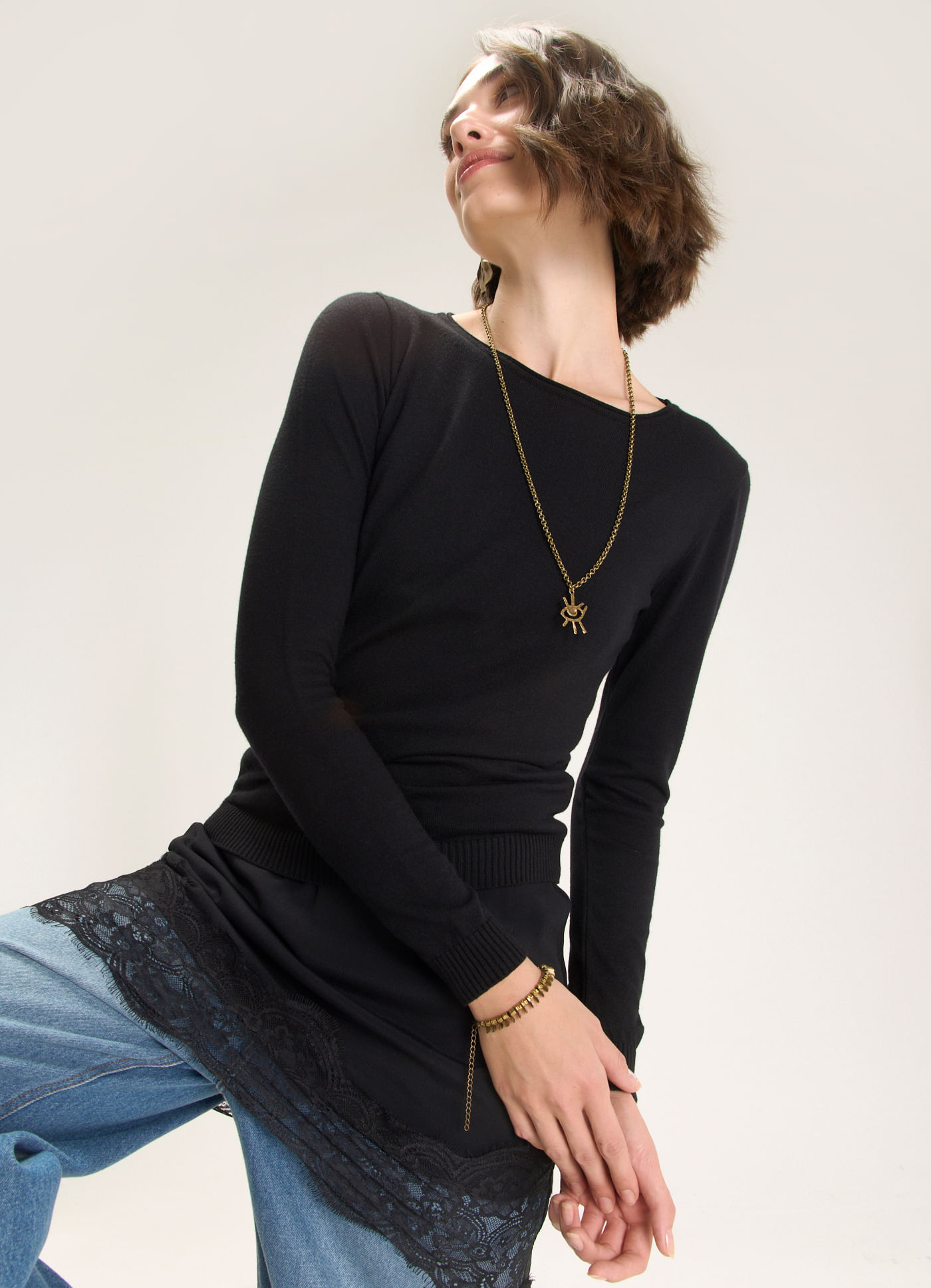 Blusa manga longa tricô preto
