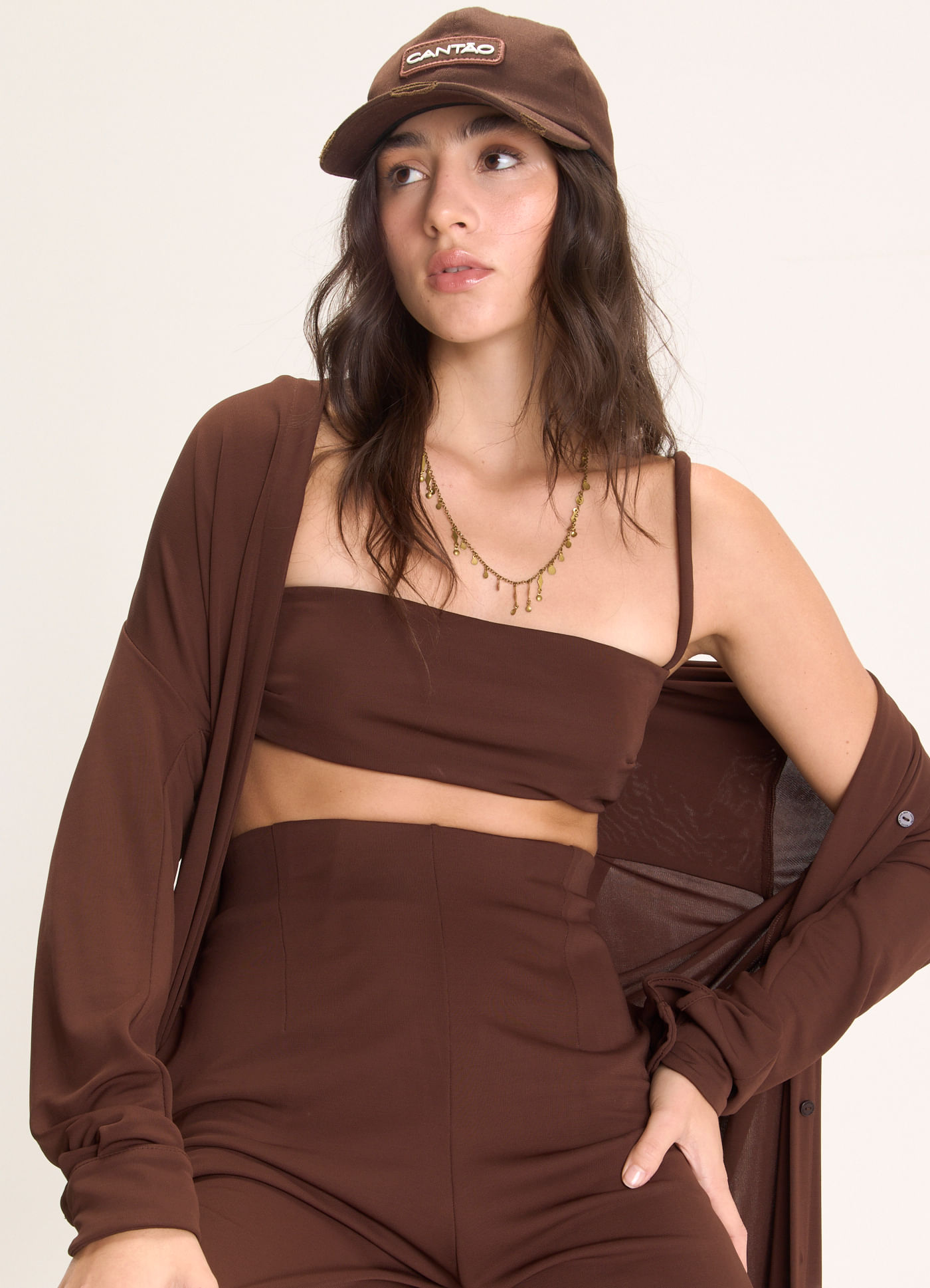 Top alça jersey marrom
