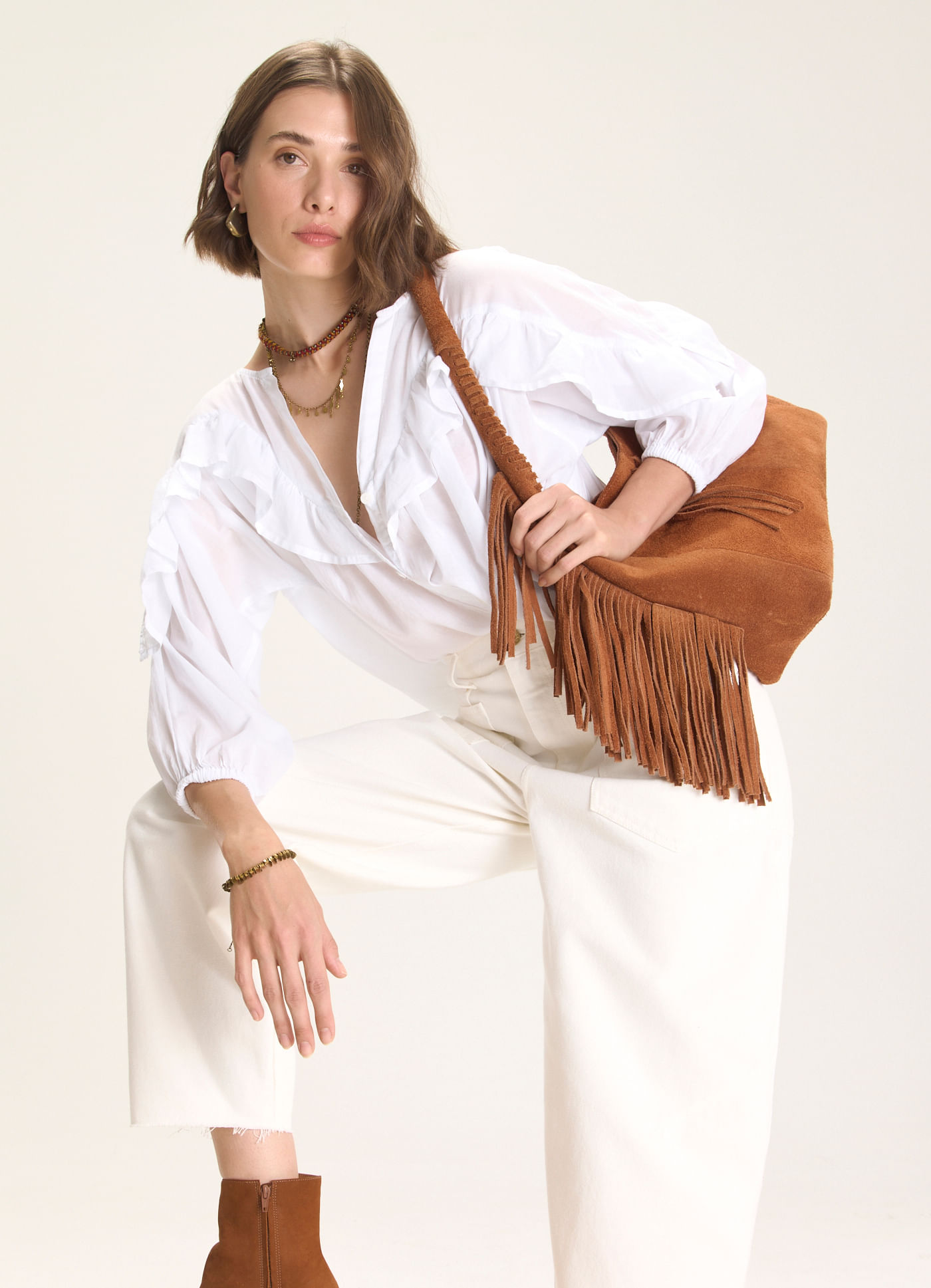 Camisa voil boho babados branco