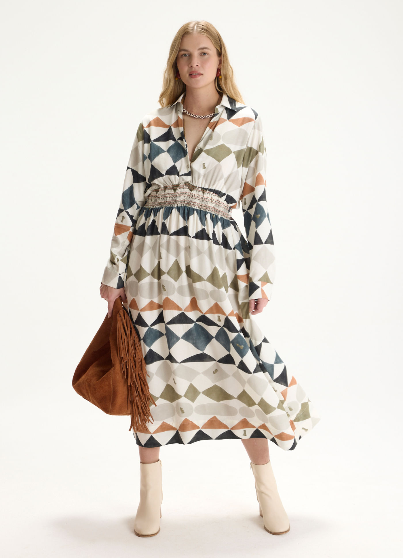 Vestido manga estampado xeque-mate