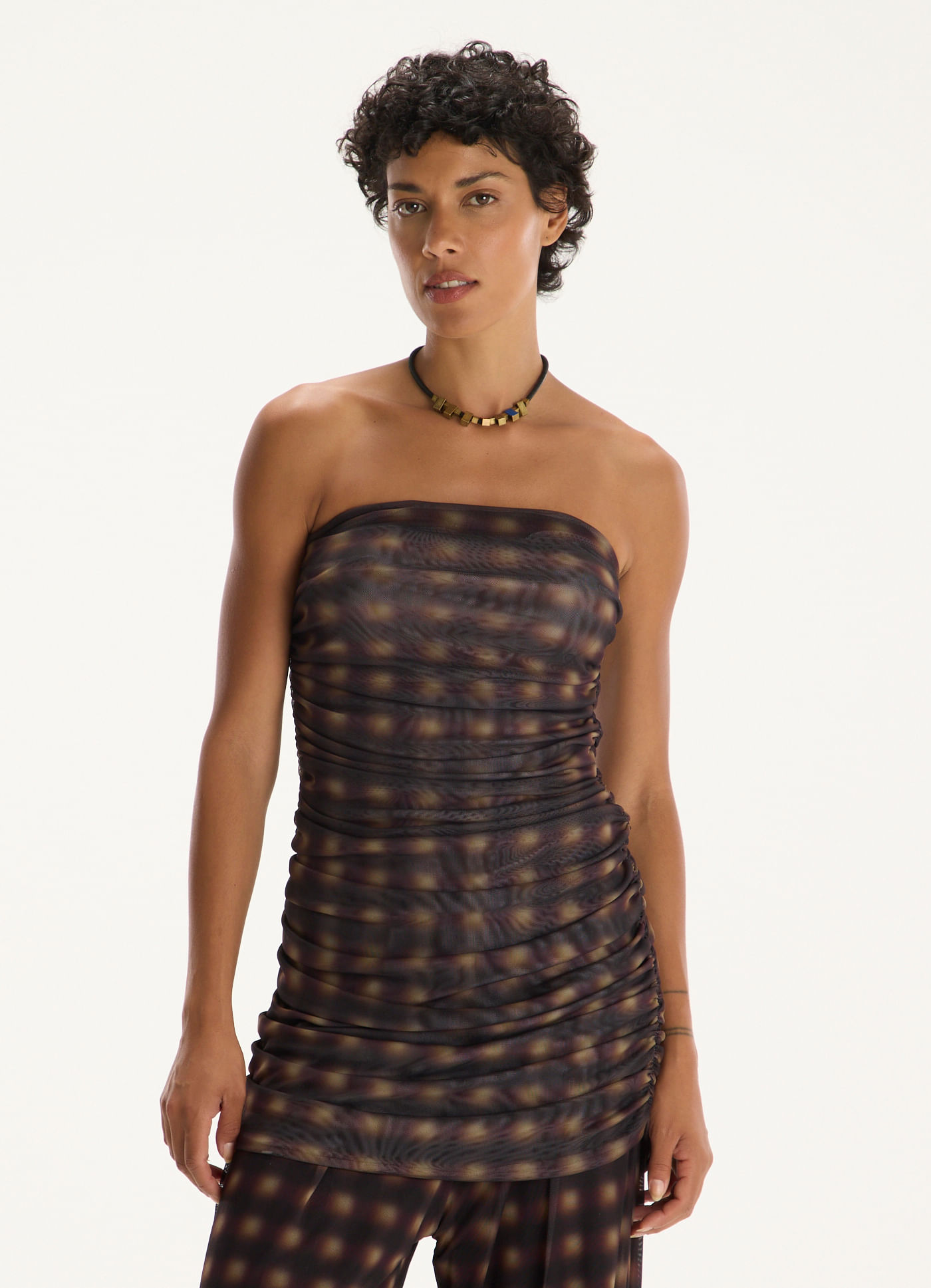 Blusa franzida tule estampada chess