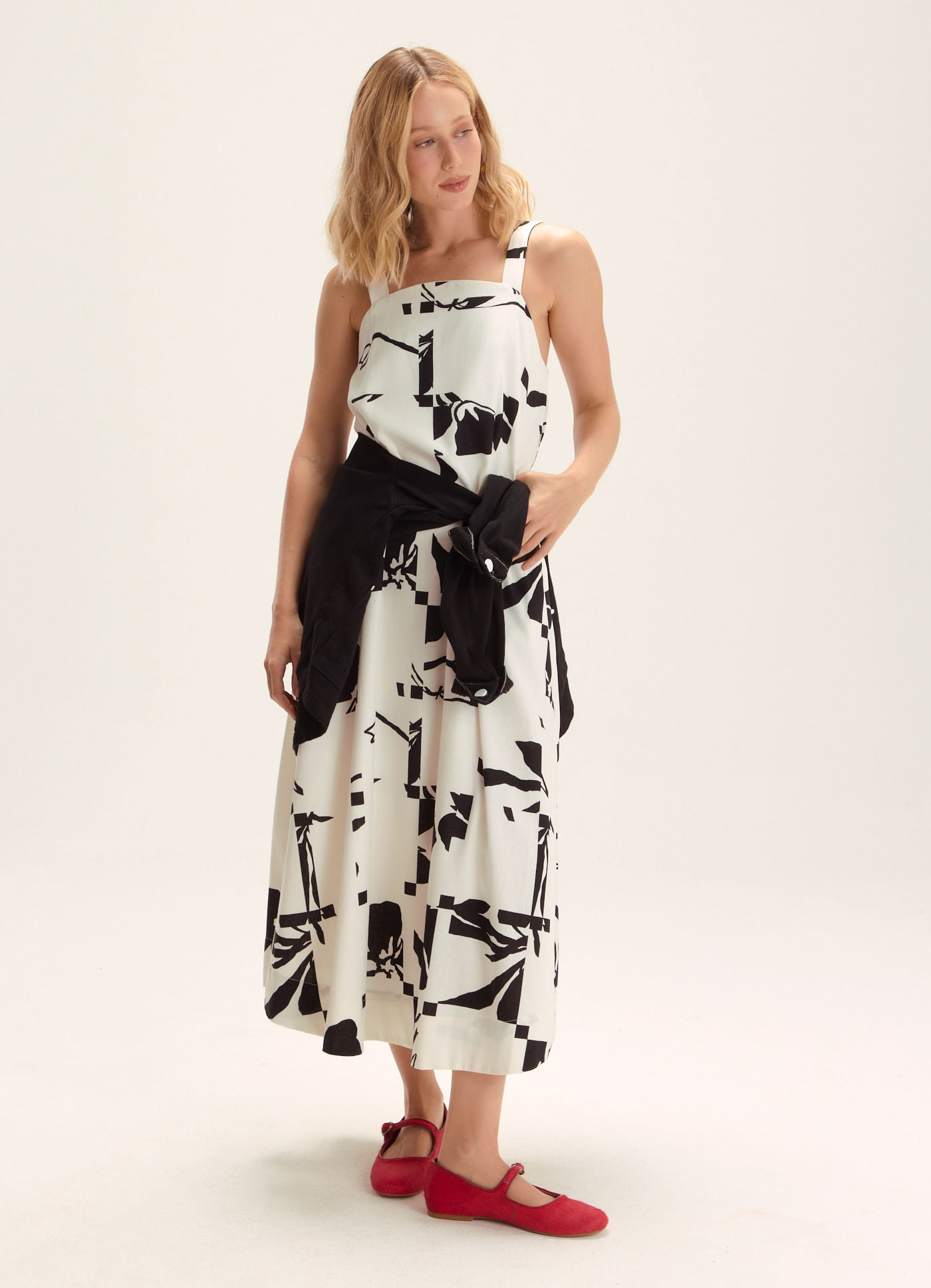 Vestido linho alça estampado lampejo