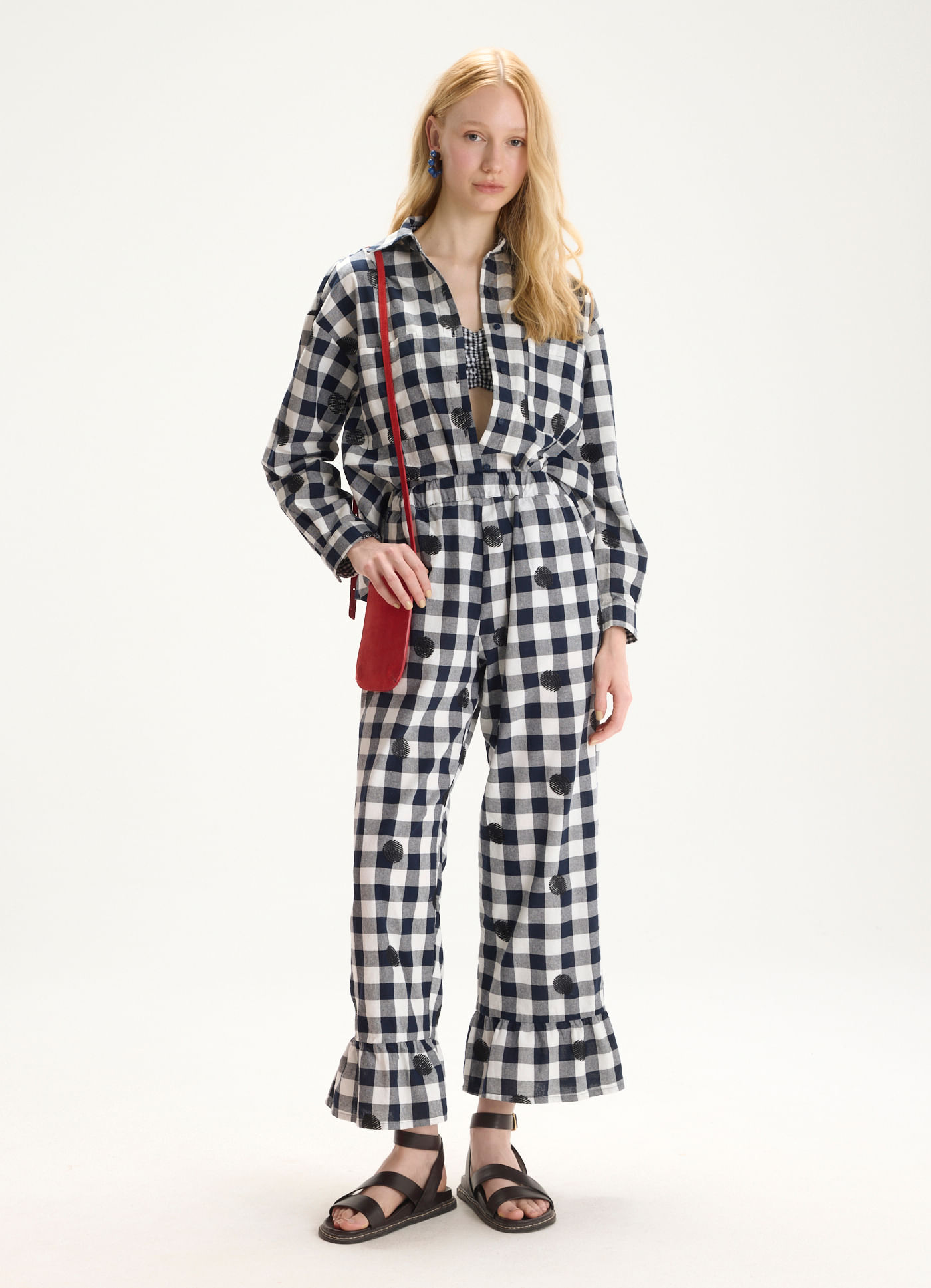 Calça algodão vichy maxi bordado