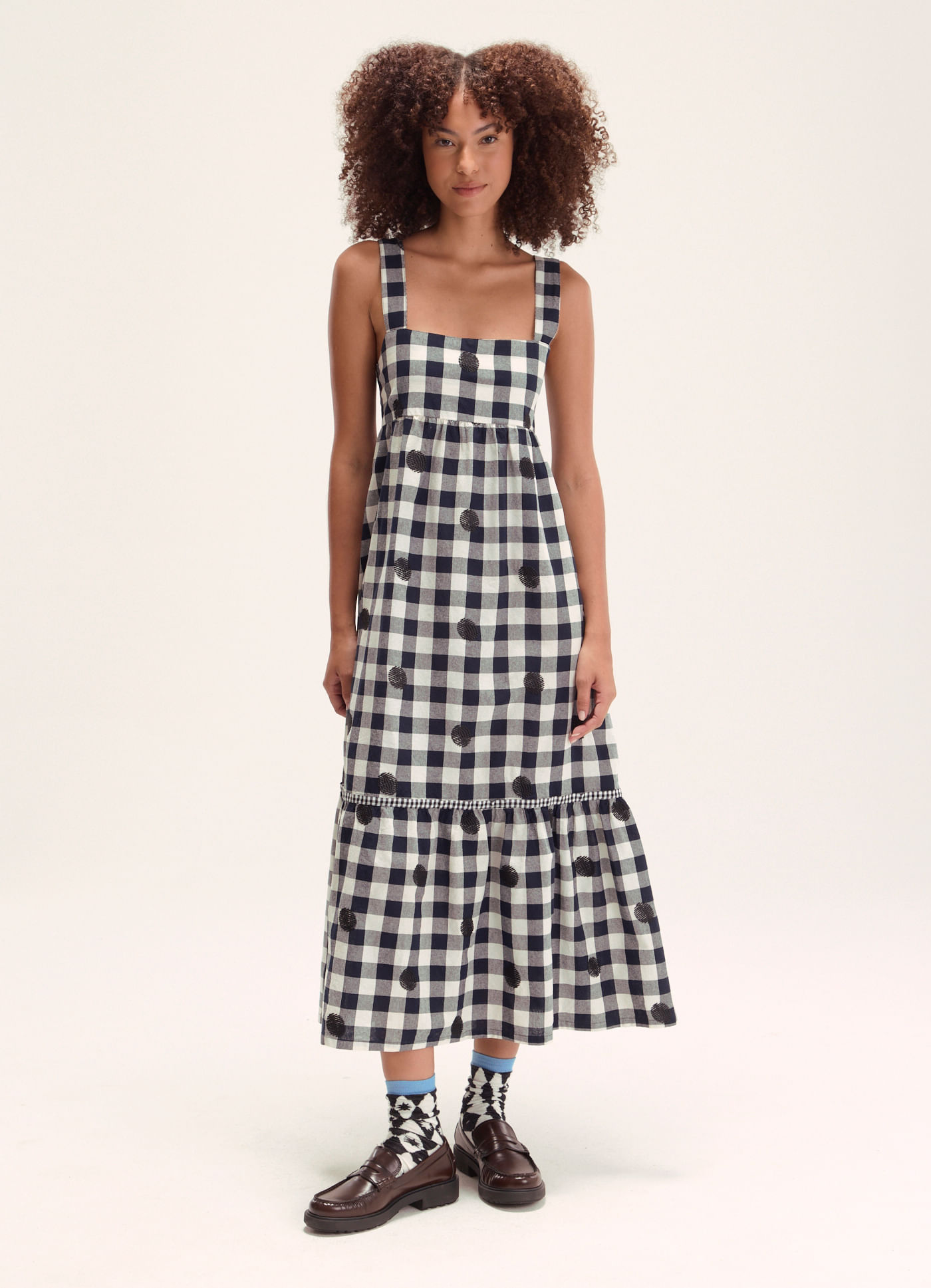 Vestido algodão vichy maxi bordado