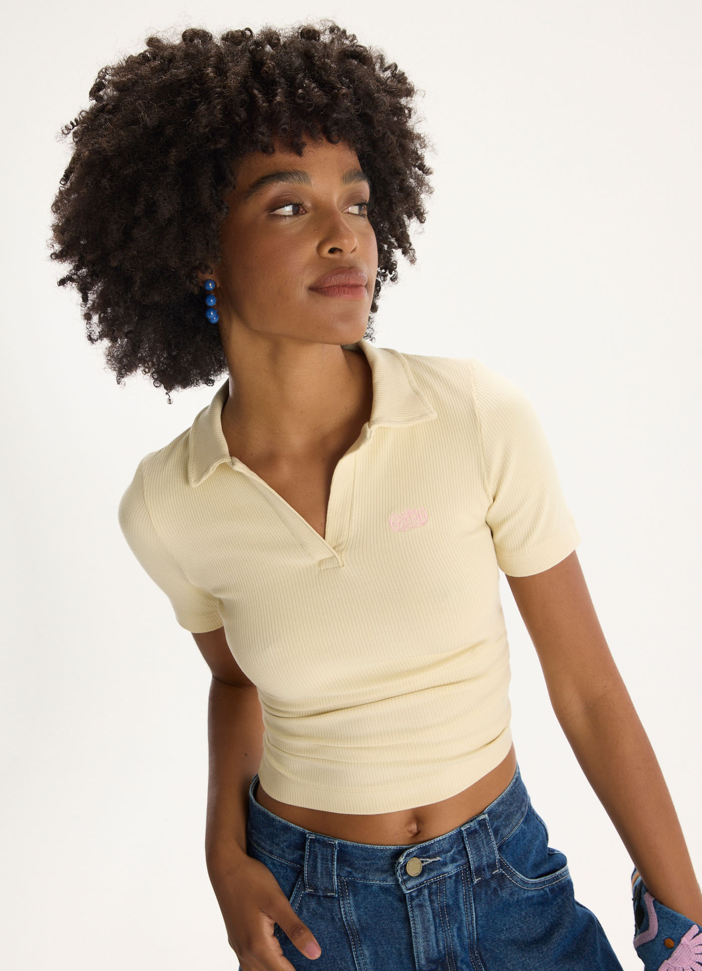 Blusa polo bordada ribana viscose amarelo