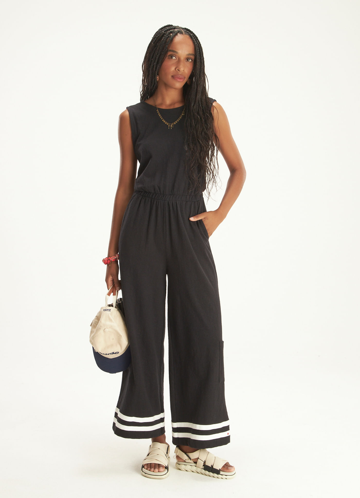 Macacão crepe flame listra preto