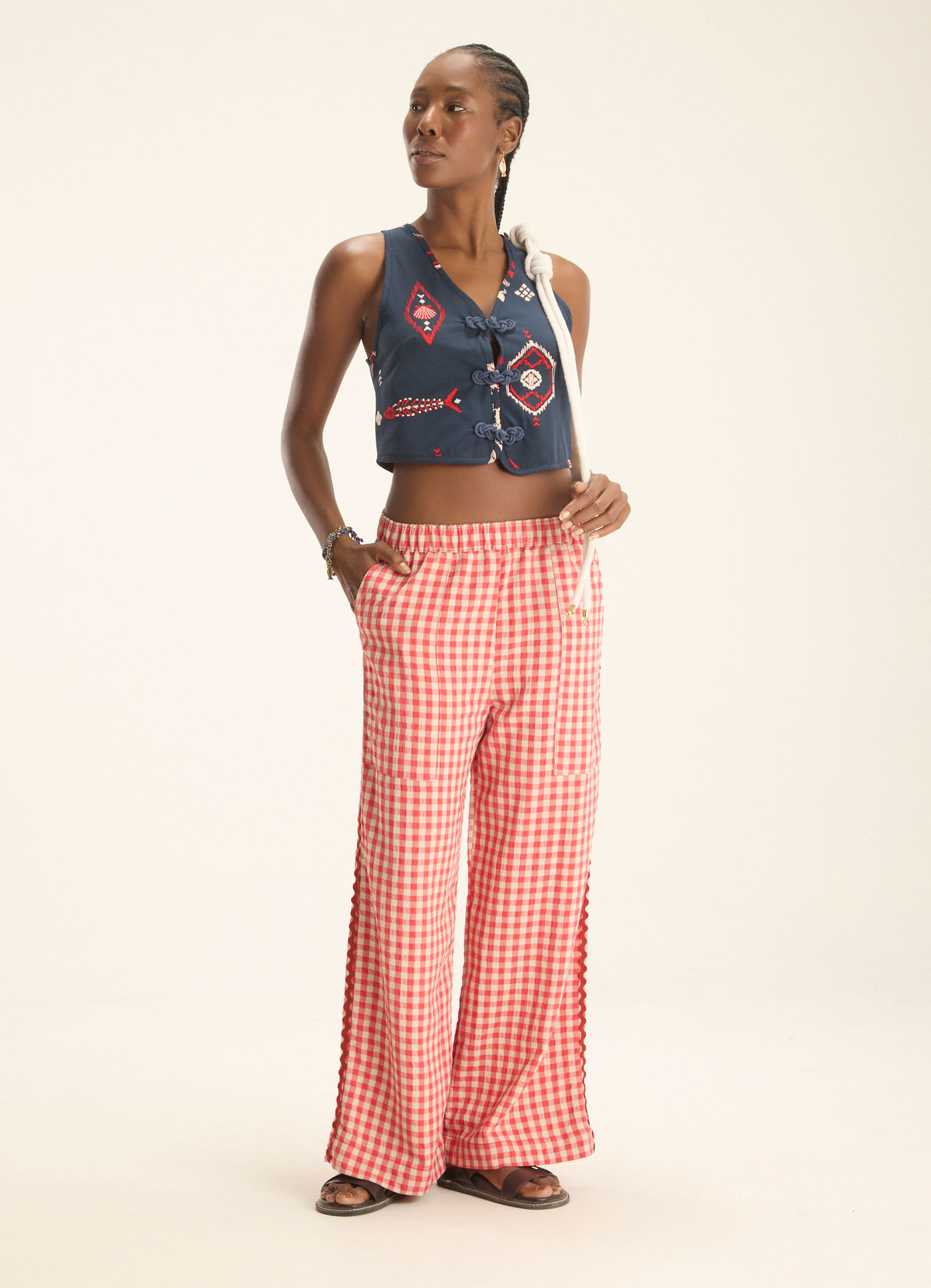 Calça algodão vichy vermelho